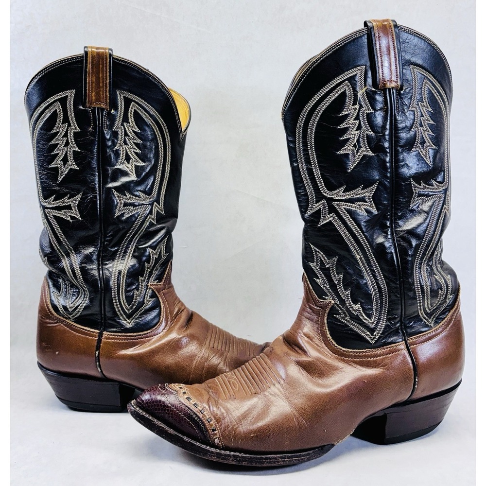 Tony Lama Two Tone Cowboy Boots 8.5D Brown Black Lizard Toe Vintage As‎ Is